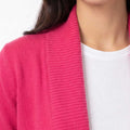 Women's medium-magenta ribbed knit cardigan with textured front edge, long sleeves