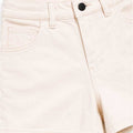 Women's ecru casual shorts waistband with button closure and logo label