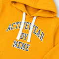 Boys yellow hoodie hood and front graphic with white drawstring details