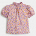 Purple floral print baby blouse with short puff sleeves and gathered high neck