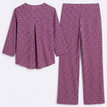 Maroon printed co-ord set: V-neck top and wide-leg pants, side view