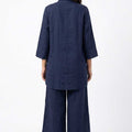 Navy womenâ€™s co-ord set with button-front tunic top and wide-leg pants, back view