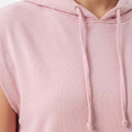 Pink sleeveless hoodie close-up of hood drawstrings and neckline seam