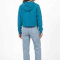 WomenÃ¢â‚¬â„¢s teal hoodie with hood and long sleeves, back view