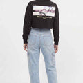 Women's cropped black sweatshirt with 'Thinking about you' graphic on back