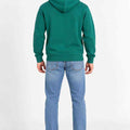 Green menÃƒÂ¢Ã¢â€šÂ¬Ã¢â€žÂ¢s pullover hoodie, back view with hood and ribbed cuffs.