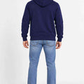 Men's navy pullover hoodie back view with hood and ribbed hem