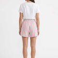 Womenâ€™s pink-and-white striped shorts, back view