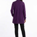 WomenÃ¢â‚¬â„¢s dark lavender long cardigan, back view with ribbed cuffs
