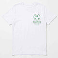 White T-shirt with small green smiley emoji logo and Athletics Emoji Club text