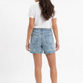 Light blue washed denim shorts for women, rear angle, button front, belt loops, pockets