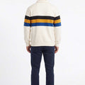Men's cream back-view sweatshirt with black/blue/orange horizontal stripes