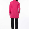 Women's long cardigan in medium magenta knit from back, ribbed collar and cuffs