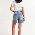 Light blue denim women's shorts with back yoke and patch pockets