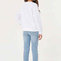 Girls' white crewneck sweatshirt, back view with long sleeves