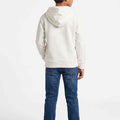 Boys' platinum hoodie back view on model with hood and ribbed hem