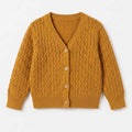 Gold yellow pointelle knit cardigan with V-neck and button-front closure