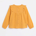 Girls mock orange ruffle yoke button-down blouse with long sleeves, front view (flat lay)