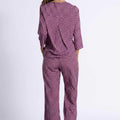 Maroon printed co-ord set: V-neck back top and wide-leg pants, full back view