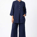 Navy womenâ€™s co-ord set with button-front tunic top and wide-leg cropped pants