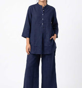 Navy womenâ€™s co-ord set with button-front tunic top and wide-leg cropped pants