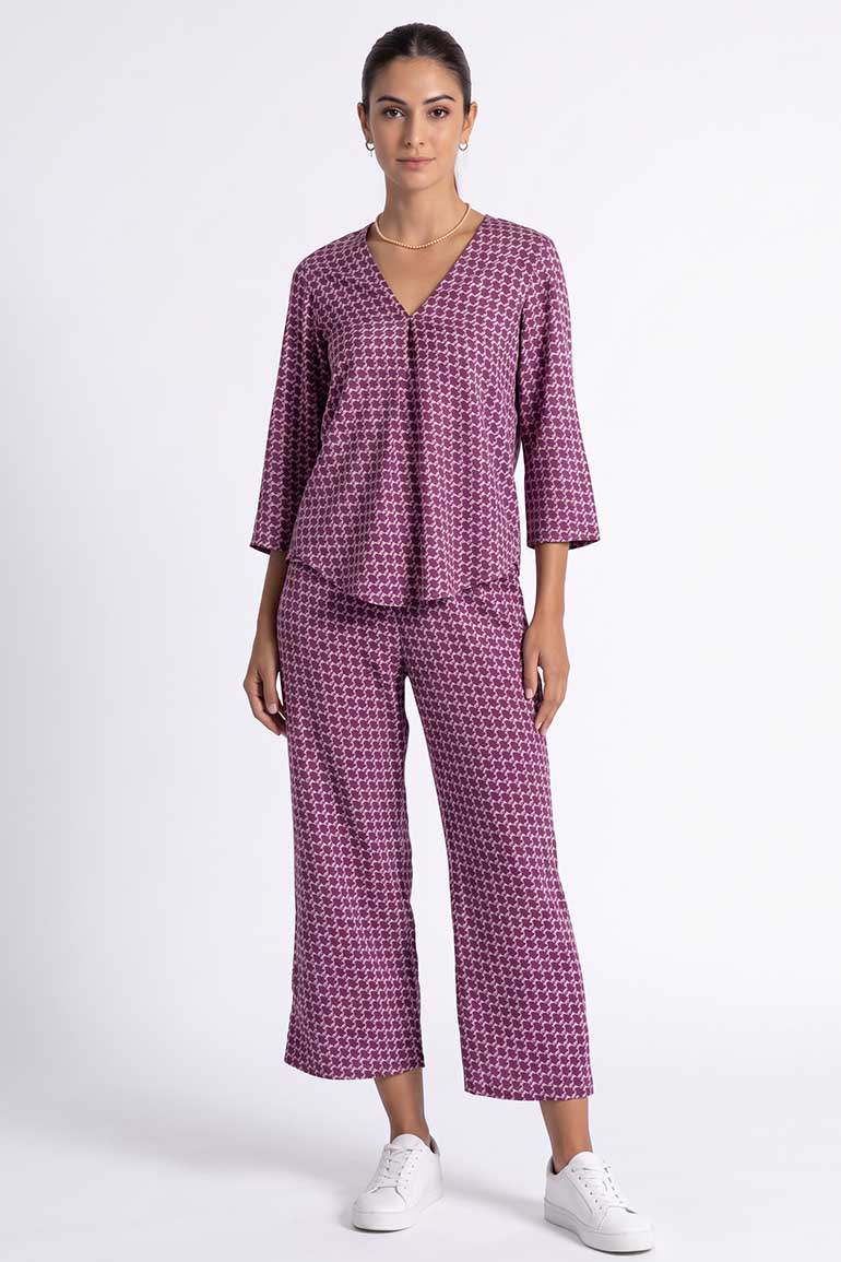 Maroon printed co-ord set: V-neck 3/4 sleeve top and wide-leg pants