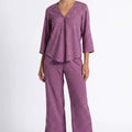 Maroon printed co-ord set: V-neck 3/4 sleeve top and wide-leg pants