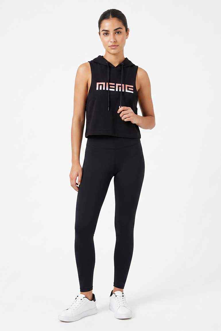 Black sleeveless hoodie for women with hood, drawstring, and front geometric logo