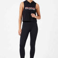 Black sleeveless hoodie for women with hood, drawstring, and front geometric logo