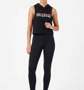 Black sleeveless hoodie for women with hood, drawstring, and front geometric logo