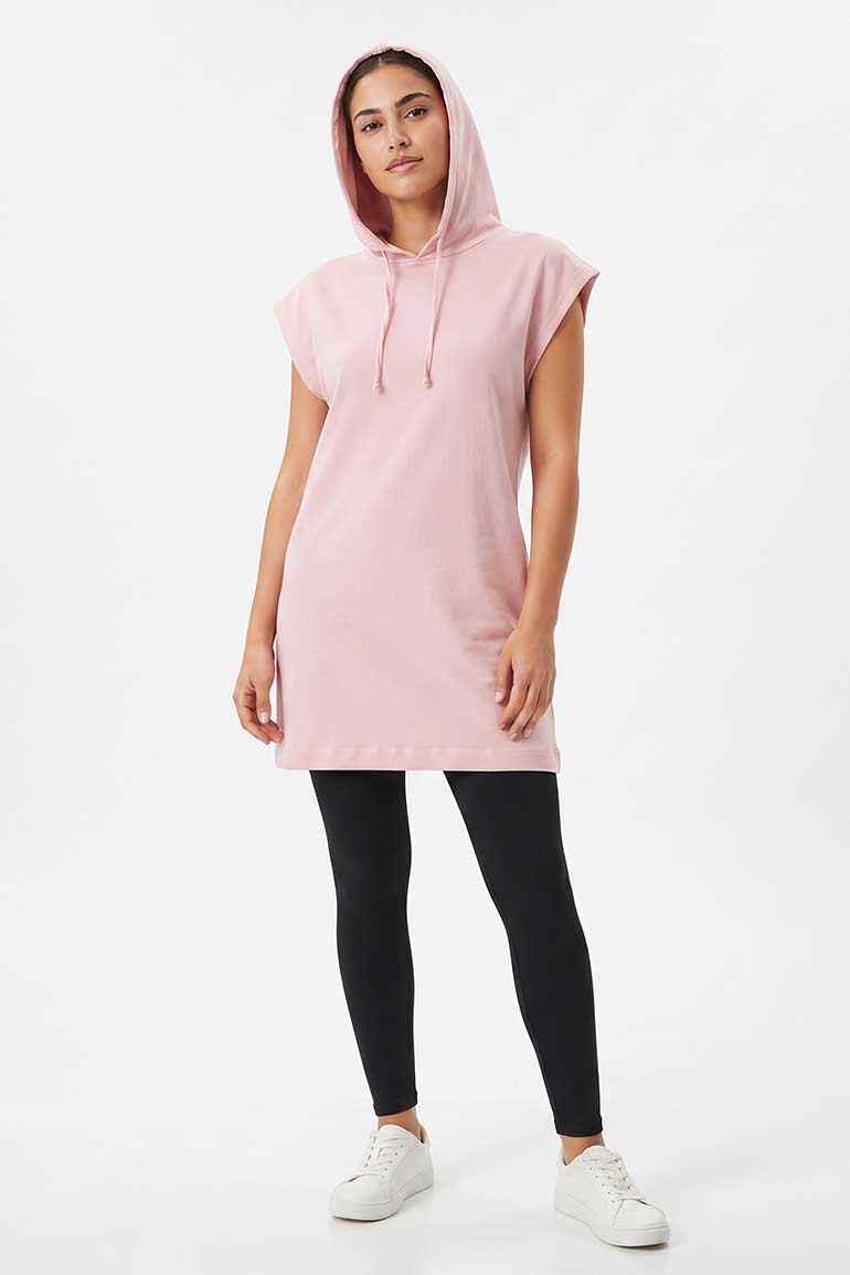 Pink sleeveless womenâ€™s hoodie tunic with attached hood and drawstring