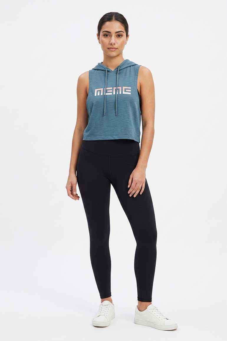 Teal sleeveless hoodie with drawstring hood and large chest logo