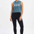 Teal sleeveless hoodie with drawstring hood and large chest logo