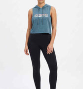 Teal sleeveless hoodie with drawstring hood and large chest logo
