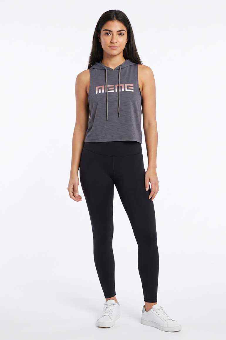 Women's dark grey sleeveless hoodie with hood and front graphic, drawstring ties