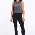 Women's dark grey sleeveless hoodie with hood and front graphic, drawstring ties