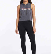 Women's dark grey sleeveless hoodie with hood and front graphic, drawstring ties