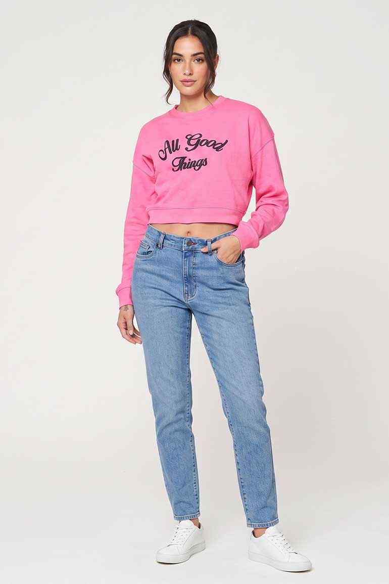 Printed sweatshirt for women in candy pink, 'All Good Things' front graphic.