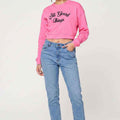 Printed sweatshirt for women in candy pink, 'All Good Things' front graphic.