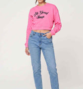 Printed sweatshirt for women in candy pink, 'All Good Things' front graphic.