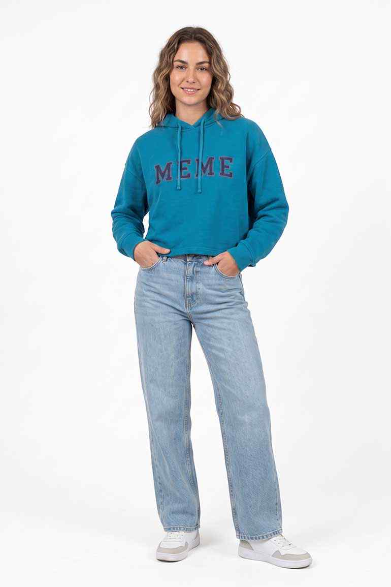 Womenâ€™s teal MEME logo hoodie with hood, drawstrings, and front kangaroo pocket