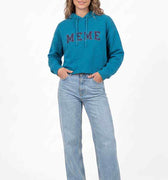 WomenÃ¢â‚¬â„¢s teal MEME logo hoodie with hood, drawstrings, and front kangaroo pocket