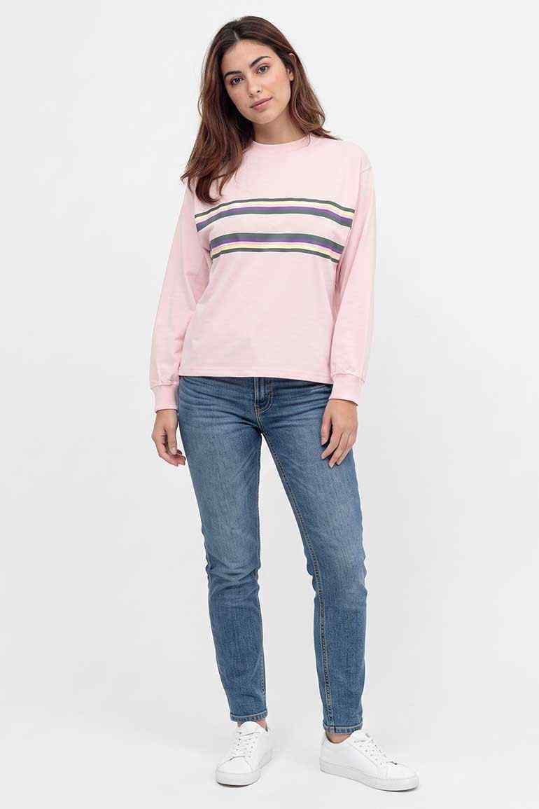 Women's pink sweatshirt with multicolor striped yoke, crew neck, long sleeves