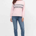 Women's pink sweatshirt with multicolor striped yoke, crew neck, long sleeves