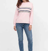 Women's pink sweatshirt with multicolor striped yoke, crew neck, long sleeves
