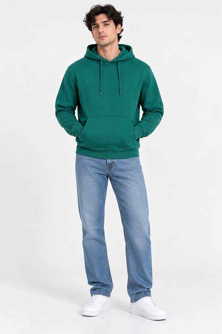 Green menâ€™s pullover hoodie with hood, drawstring, and front kangaroo pocket.