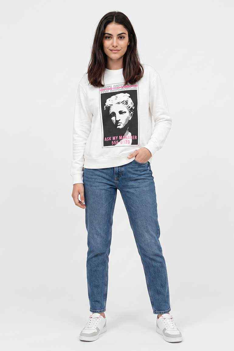 White women's crewneck sweatshirt with front portrait graphic and 'Ask My Manager' text.