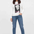 White women's crewneck sweatshirt with front portrait graphic and 'Ask My Manager' text.