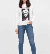 White women's crewneck sweatshirt with front portrait graphic and 'Ask My Manager' text.