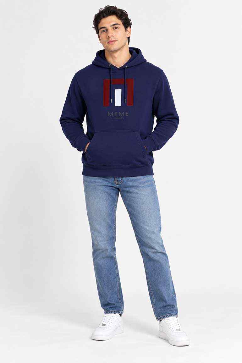 Men's navy pullover hoodie with red graphic and front kangaroo pocket